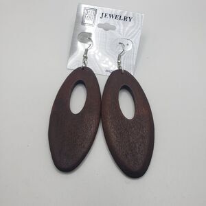 Dark Brown Wood Oval Shape Long Boho Style Earrings